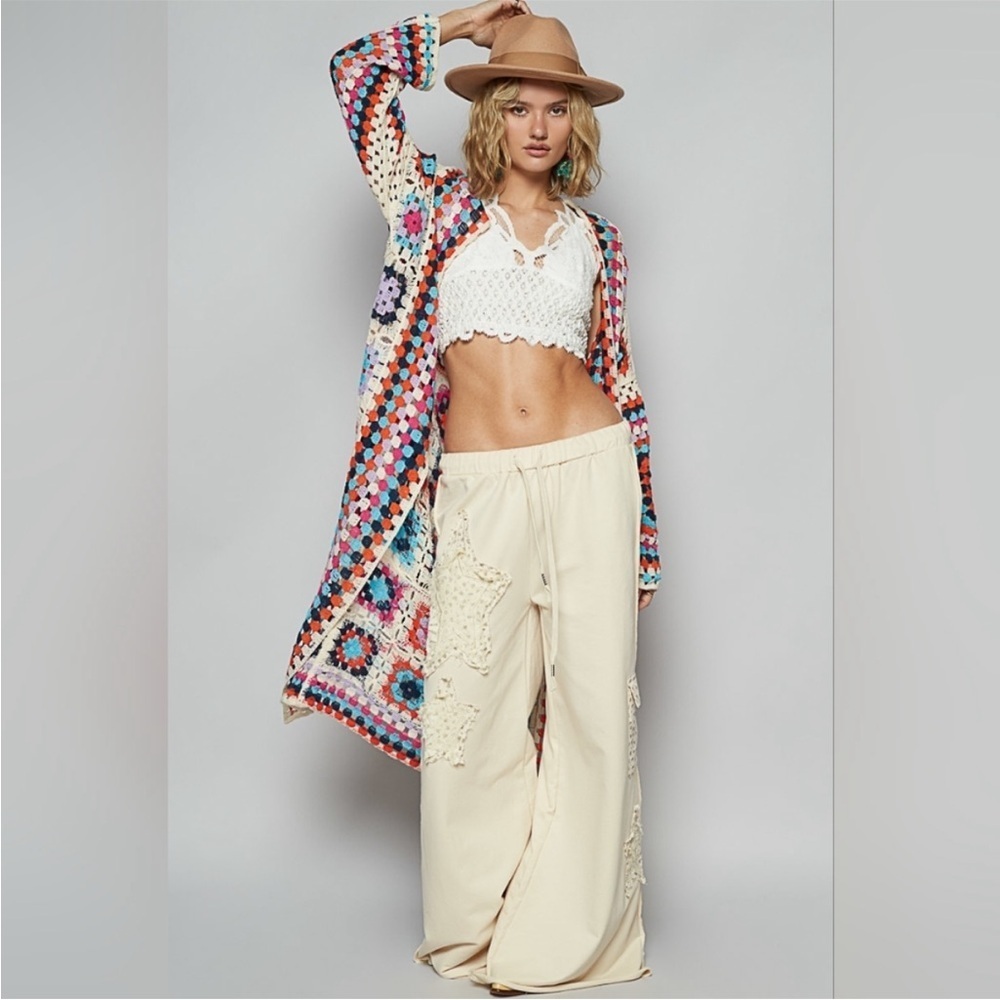 New POL Beige Multicolor Granny Squares Long Crochet Knit Cardigan - Picture 3 of 10